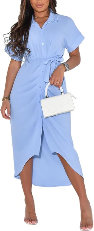 Women's Button Down Ruched Shirt Dresses Casual Short Sleeve Belted Summer Maxi Dress