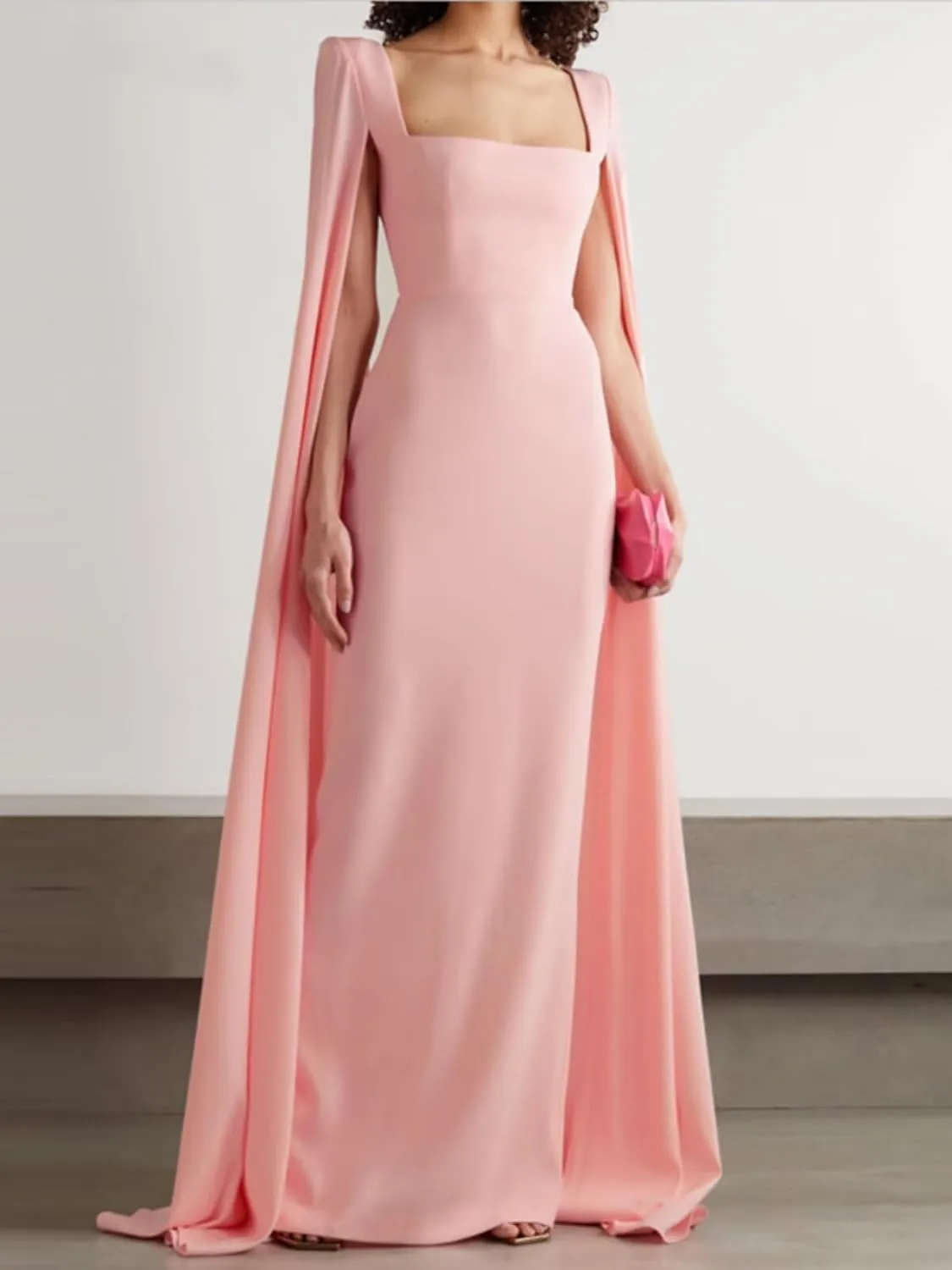 Women's Cape Sleeves Elegant Dress Square Collar Satin Long Sheath Formal Wedding Guest Dress with Back Slit