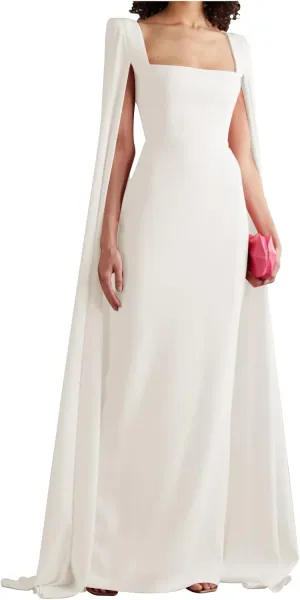Women's Cape Sleeves Elegant Dress Square Collar Satin Long Sheath Formal Wedding Guest Dress with Back Slit