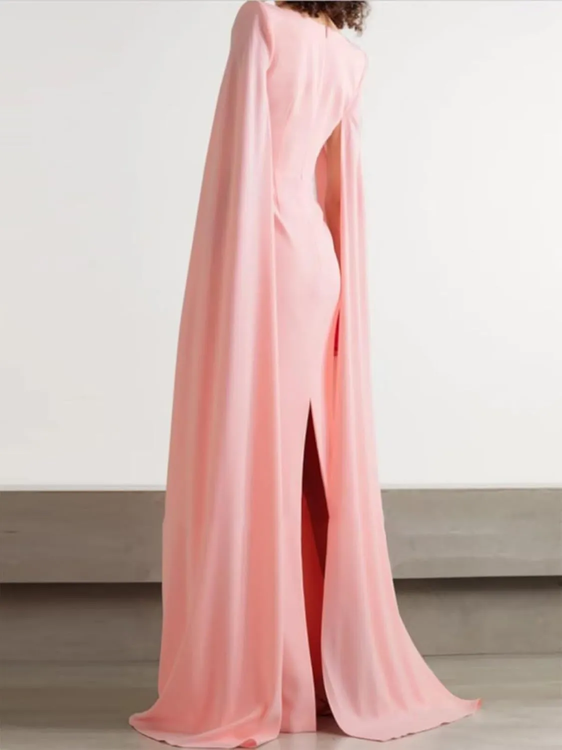 Women's Cape Sleeves Elegant Dress Square Collar Satin Long Sheath Formal Wedding Guest Dress with Back Slit
