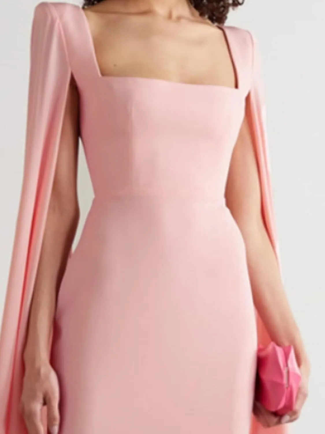 Women's Cape Sleeves Elegant Dress Square Collar Satin Long Sheath Formal Wedding Guest Dress with Back Slit