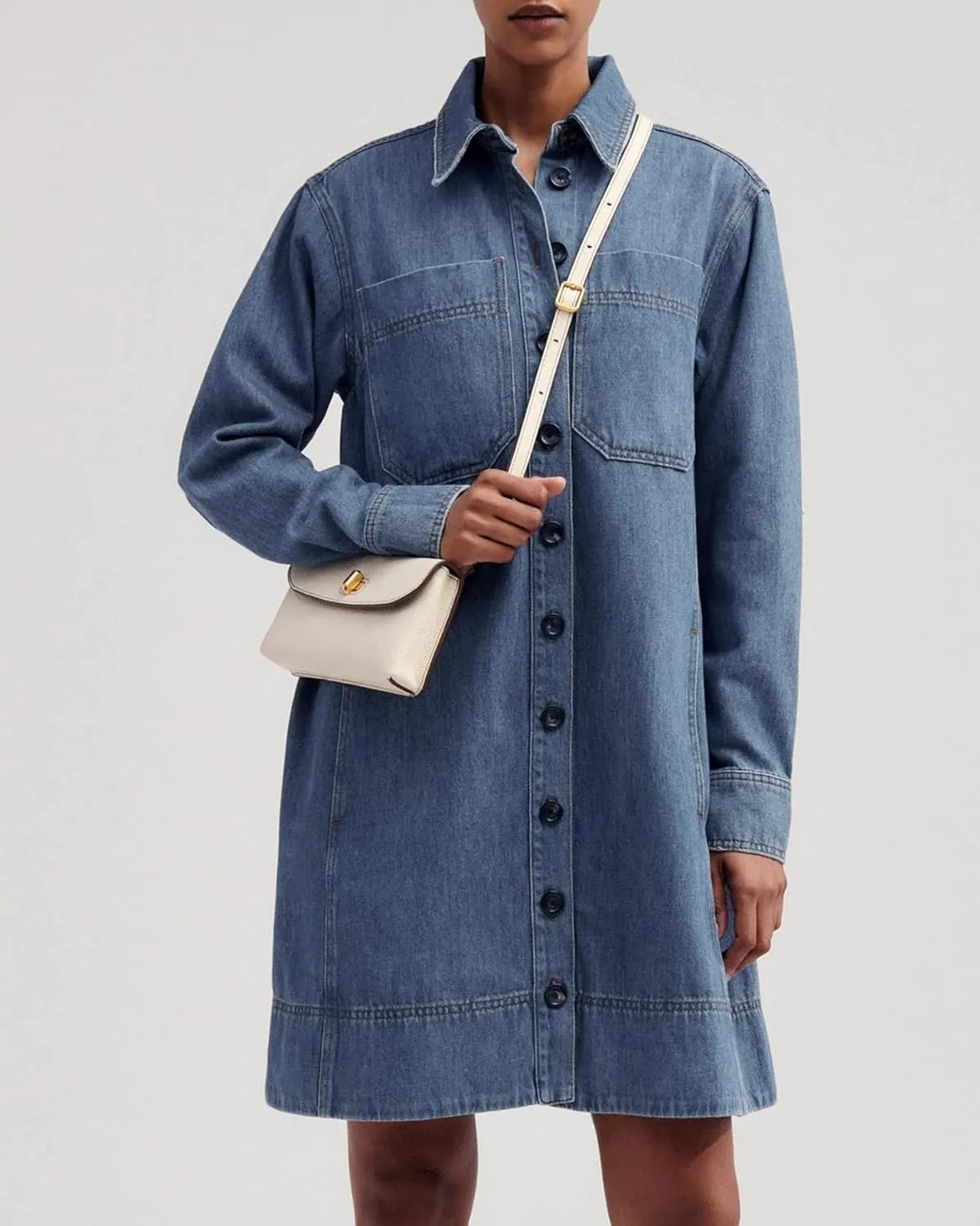 Women's Denim Shirt Mini Dress Long Sleeve Button Down Tunic Jean Dress Casual Loose Shift Short Dresses