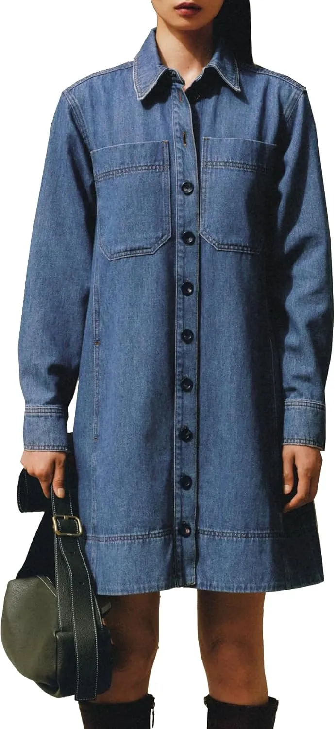 Women's Denim Shirt Mini Dress Long Sleeve Button Down Tunic Jean Dress Casual Loose Shift Short Dresses