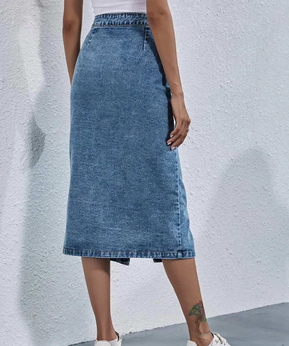 Womens Fashion High Waisted Button Washed Denim Midi Skirts Length A Line Long Jean Pencil Skirt