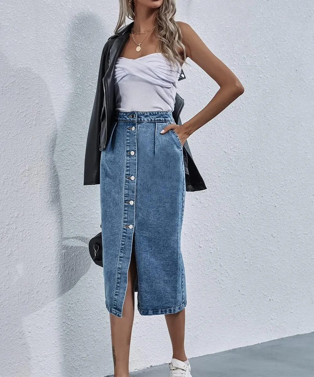 Womens Fashion High Waisted Button Washed Denim Midi Skirts Length A Line Long Jean Pencil Skirt