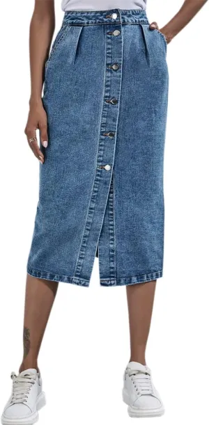 Womens Fashion High Waisted Button Washed Denim Midi Skirts Length A Line Long Jean Pencil Skirt