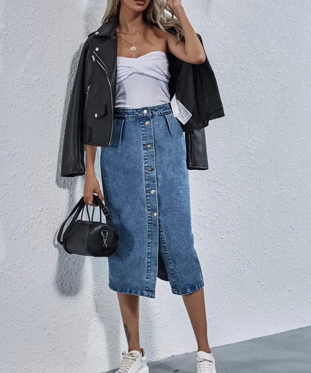 Womens Fashion High Waisted Button Washed Denim Midi Skirts Length A Line Long Jean Pencil Skirt