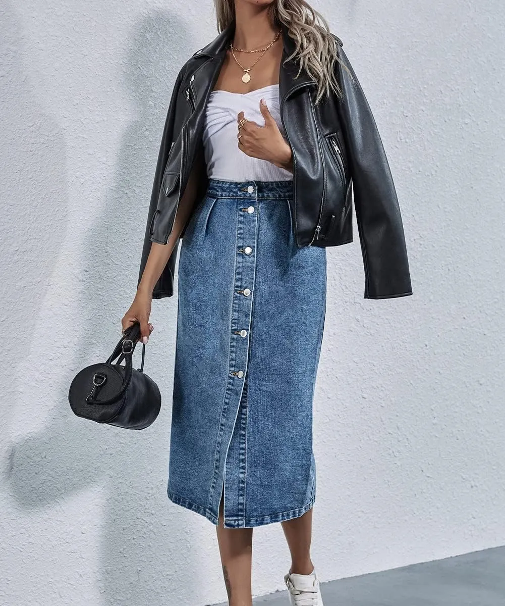Womens Fashion High Waisted Button Washed Denim Midi Skirts Length A Line Long Jean Pencil Skirt