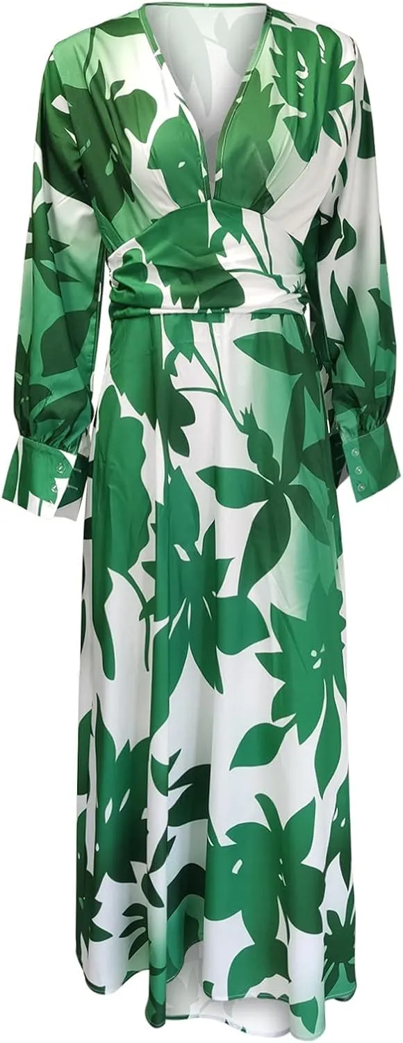 Women's Fashionable and Comfortable High Waist Temperament Printed V Neck Casual Dress Comfy Summer Dresses for