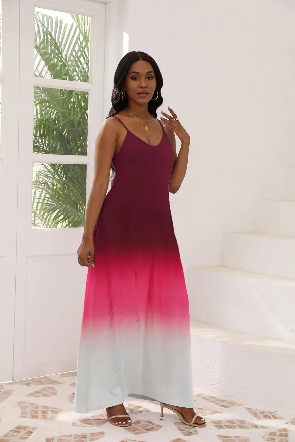 Women's Maxi Dresses V-Neck Adjustable Spaghetti Strap Sleeveless Dress Plus Size with Pockets