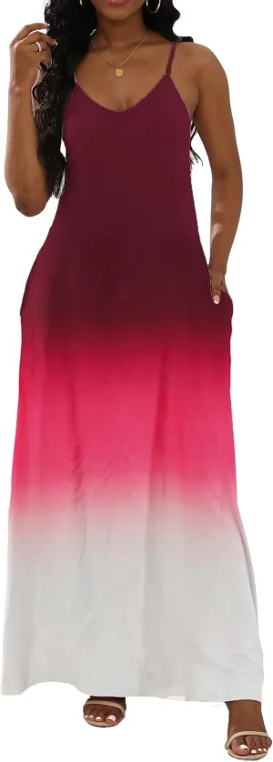 Women's Maxi Dresses V-Neck Adjustable Spaghetti Strap Sleeveless Dress Plus Size with Pockets