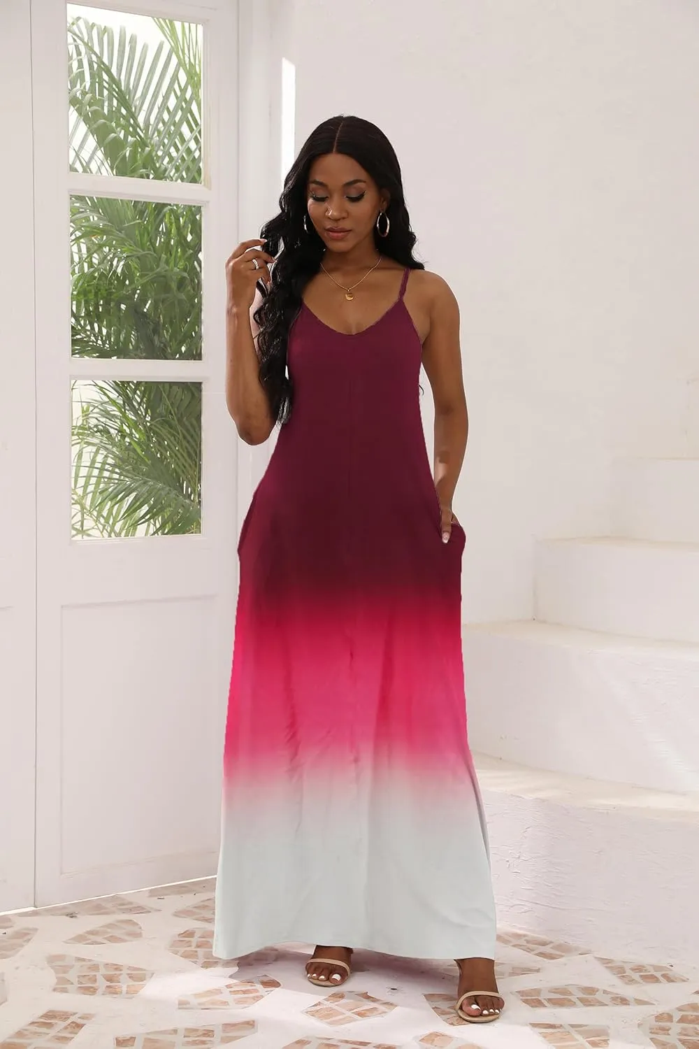 Women's Maxi Dresses V-Neck Adjustable Spaghetti Strap Sleeveless Dress Plus Size with Pockets