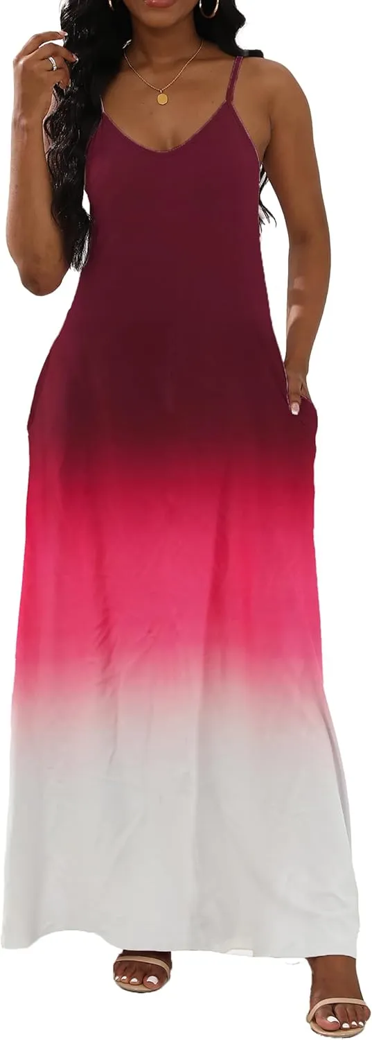 Women's Maxi Dresses V-Neck Adjustable Spaghetti Strap Sleeveless Dress Plus Size with Pockets