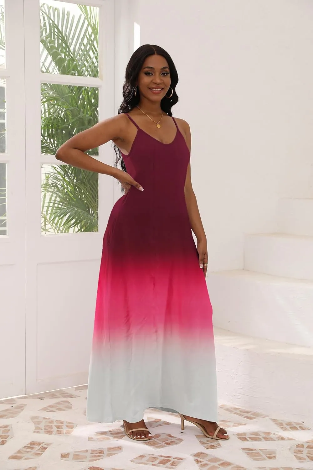 Women's Maxi Dresses V-Neck Adjustable Spaghetti Strap Sleeveless Dress Plus Size with Pockets