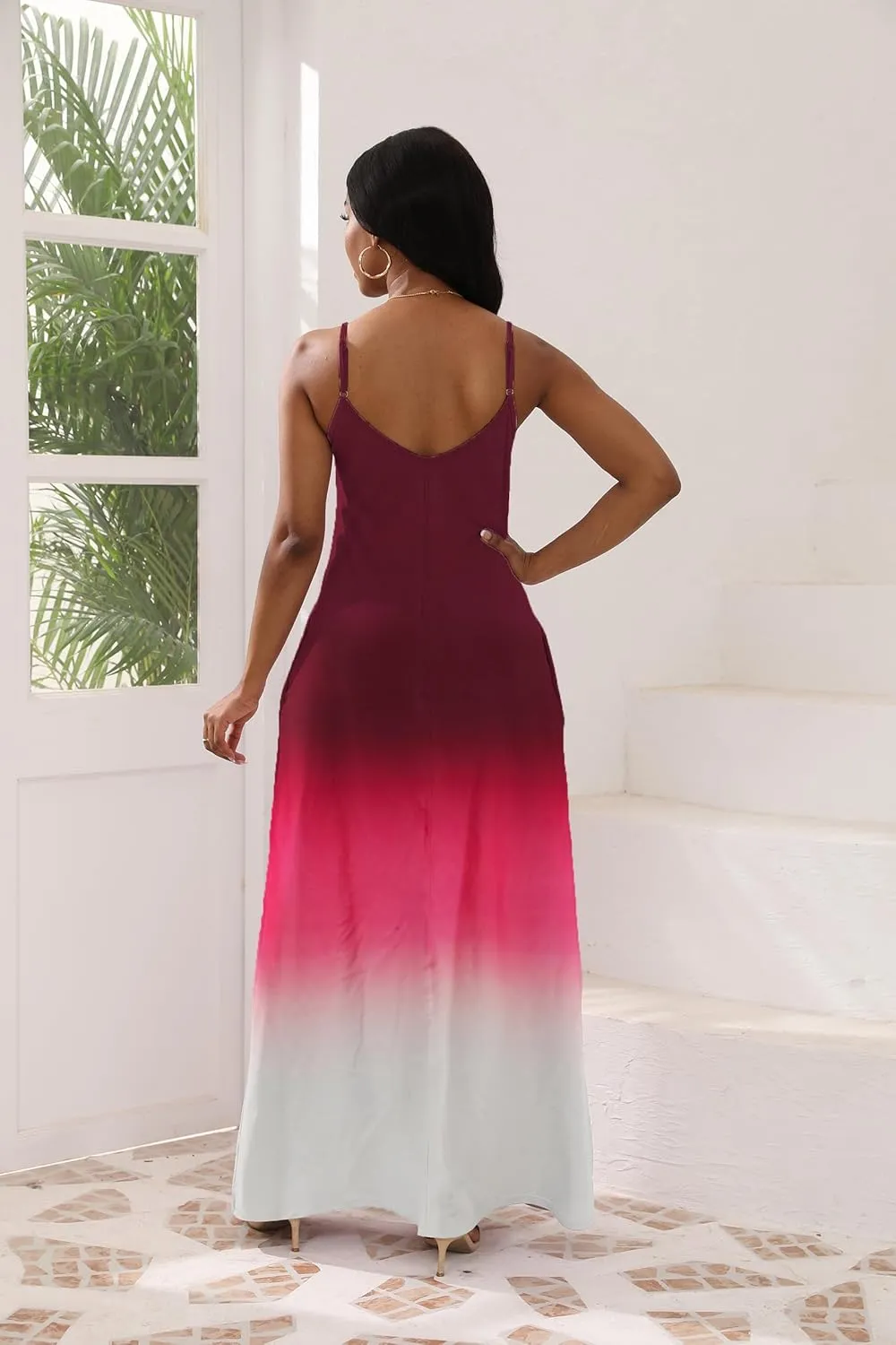 Women's Maxi Dresses V-Neck Adjustable Spaghetti Strap Sleeveless Dress Plus Size with Pockets