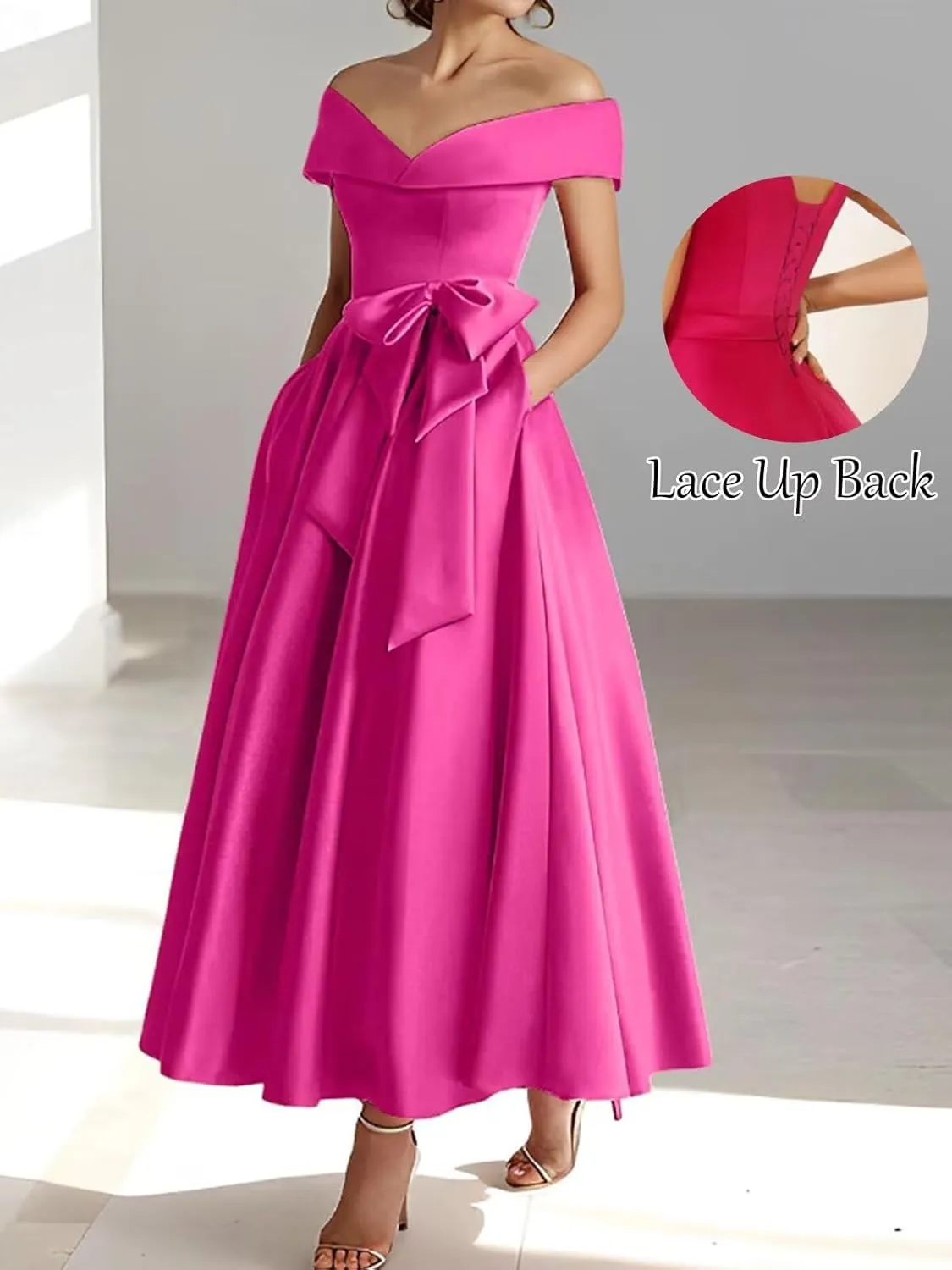 Women's Off The Shoulder Satin Mother of The Bride Dresses with Bow Tea Length Formal Gowns Evening Dress