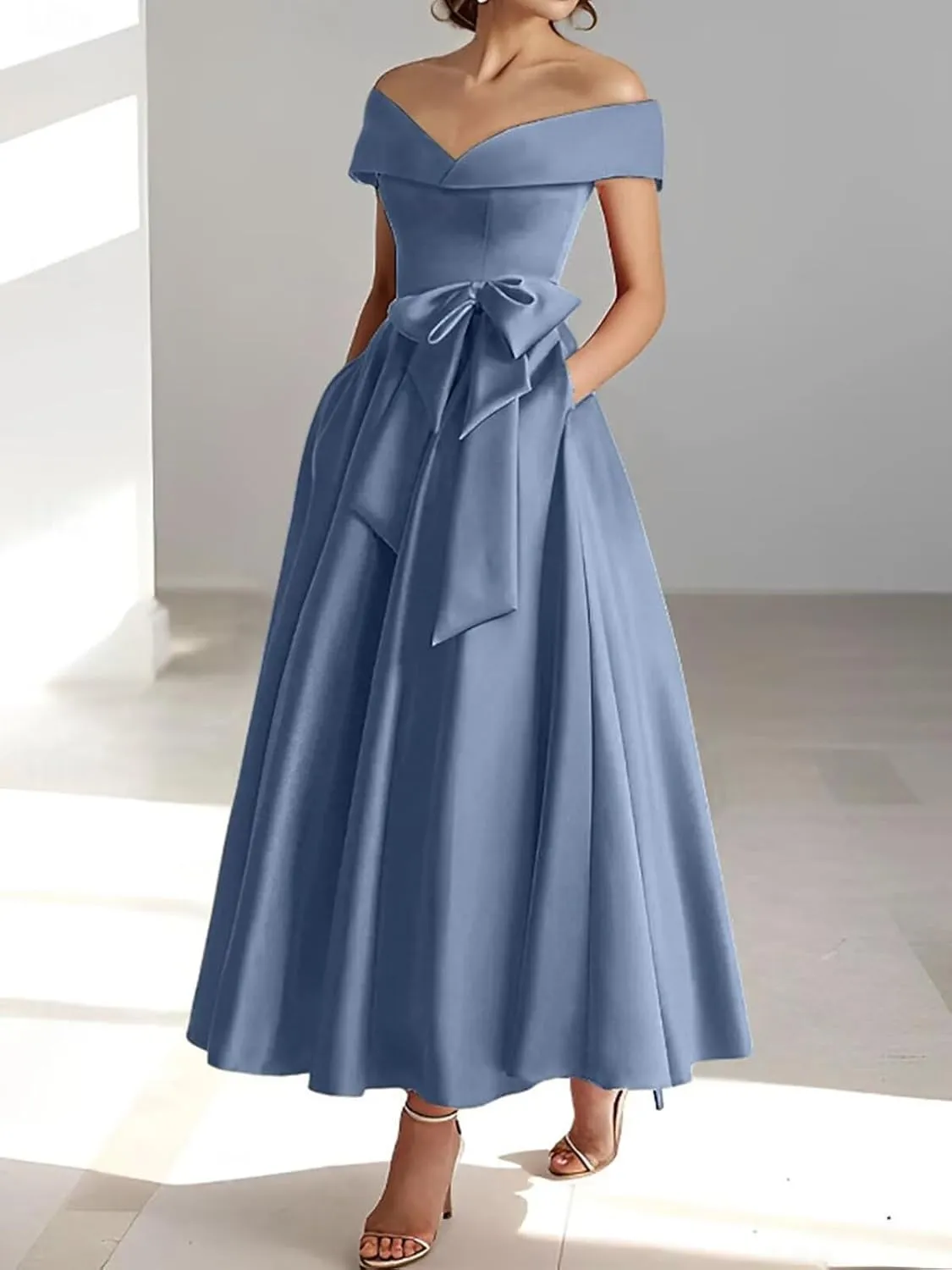 Women's Off The Shoulder Satin Mother of The Bride Dresses with Bow Tea Length Formal Gowns Evening Dress