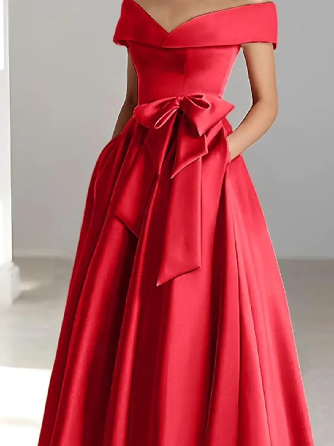 Women's Off The Shoulder Satin Mother of The Bride Dresses with Bow Tea Length Formal Gowns Evening Dress