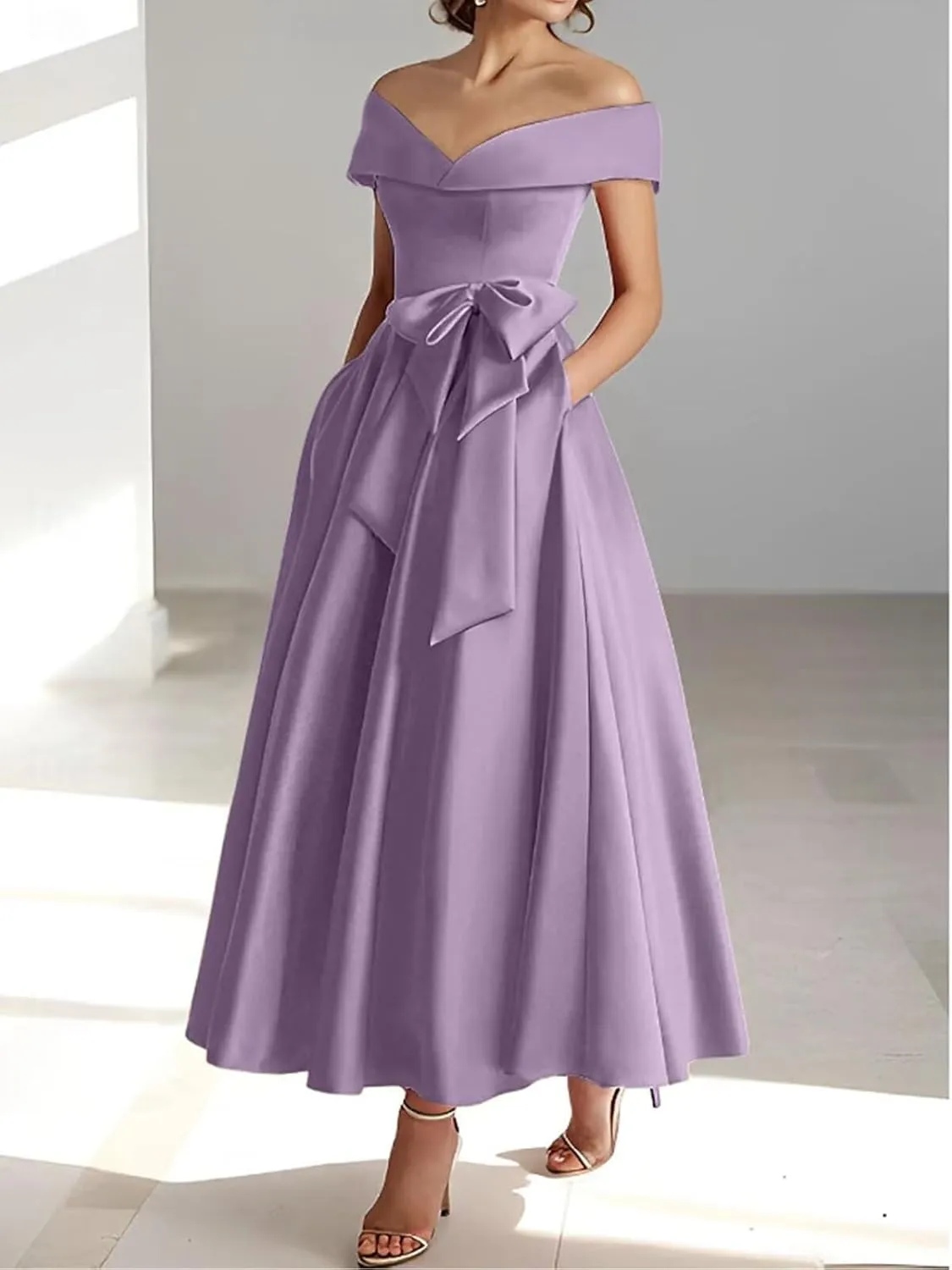 Women's Off The Shoulder Satin Mother of The Bride Dresses with Bow Tea Length Formal Gowns Evening Dress