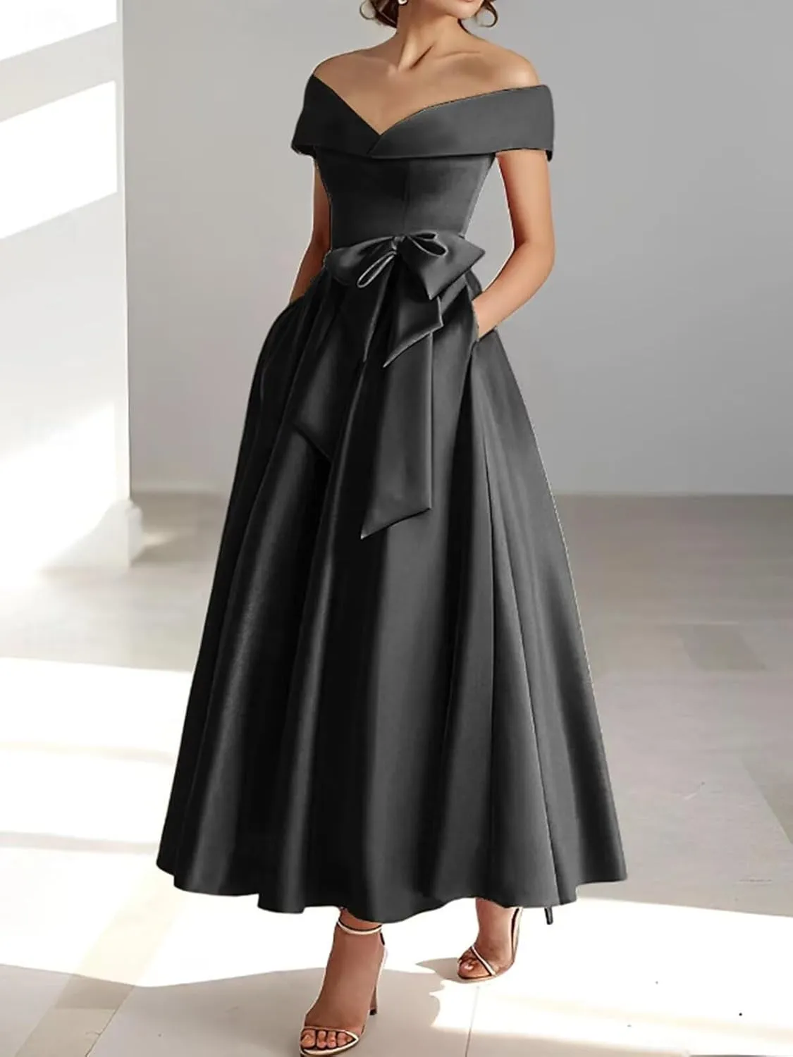 Women's Off The Shoulder Satin Mother of The Bride Dresses with Bow Tea Length Formal Gowns Evening Dress