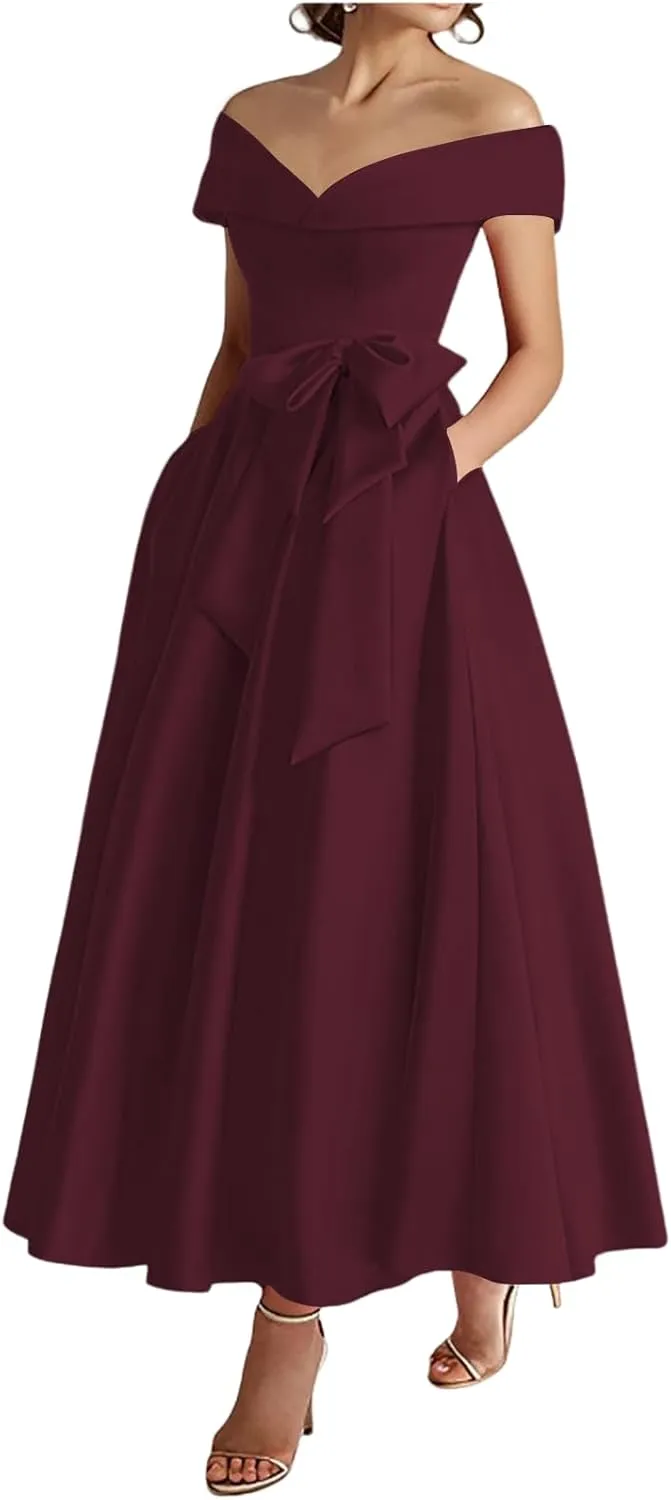 Women's Off The Shoulder Satin Mother of The Bride Dresses with Bow Tea Length Formal Gowns Evening Dress