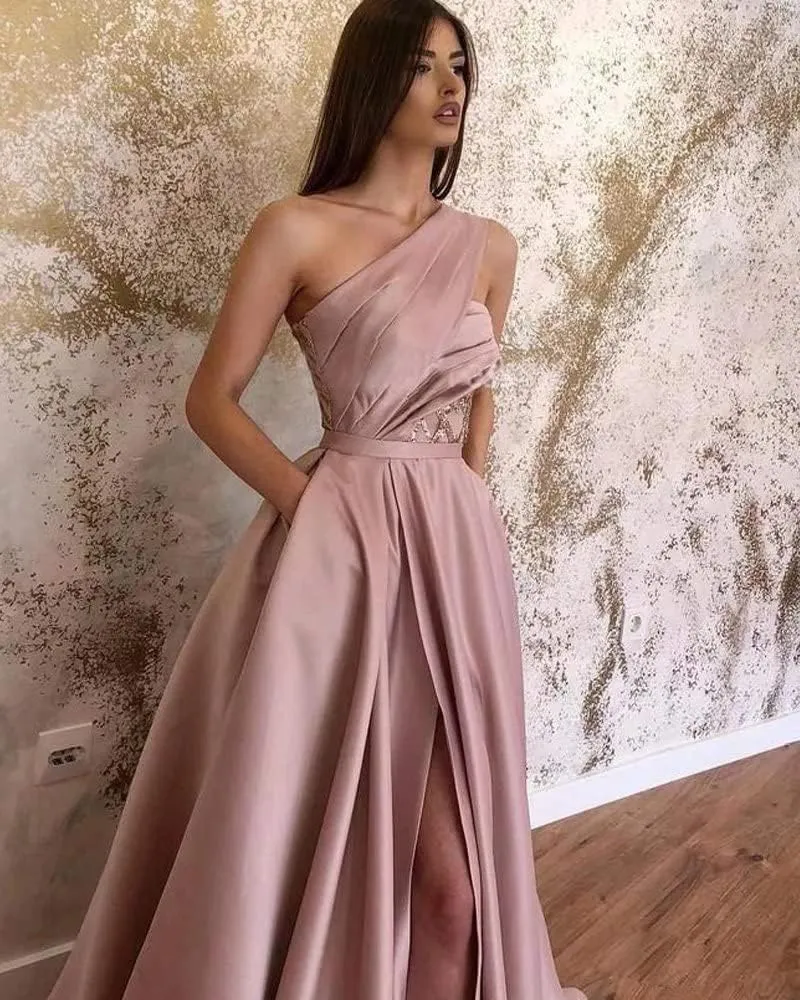Women's One Shoulder Prom Dresses Long Ball Gown A-line Formal Dresses Long with Pockets Ruched Glitter Lace Evening Gowns