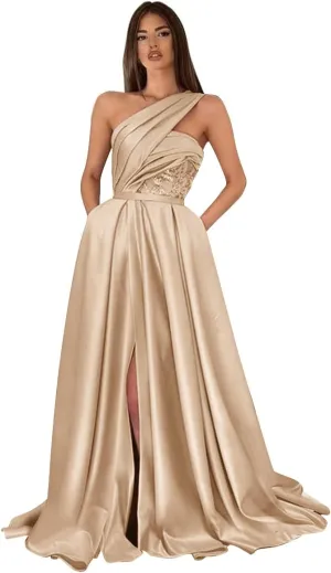 Women's One Shoulder Prom Dresses Long Ball Gown A-line Formal Dresses Long with Pockets Ruched Glitter Lace Evening Gowns