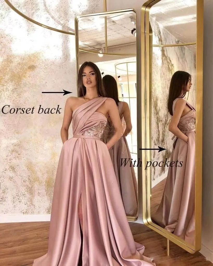 Women's One Shoulder Prom Dresses Long Ball Gown A-line Formal Dresses Long with Pockets Ruched Glitter Lace Evening Gowns