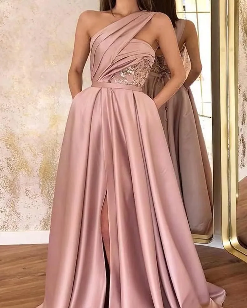 Women's One Shoulder Prom Dresses Long Ball Gown A-line Formal Dresses Long with Pockets Ruched Glitter Lace Evening Gowns