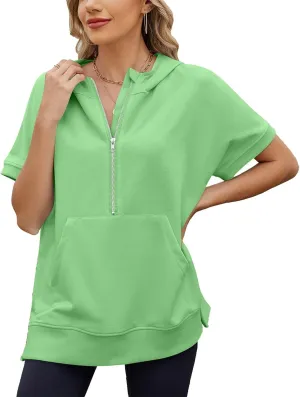 Womens Oversized Half Zip Hoodies Short Sleeve Casual Sweatshirts Pullover Tops with Pockets Loose 2025 Clothes