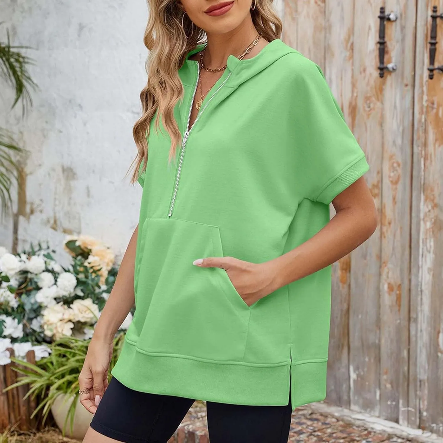 Womens Oversized Half Zip Hoodies Short Sleeve Casual Sweatshirts Pullover Tops with Pockets Loose 2025 Clothes