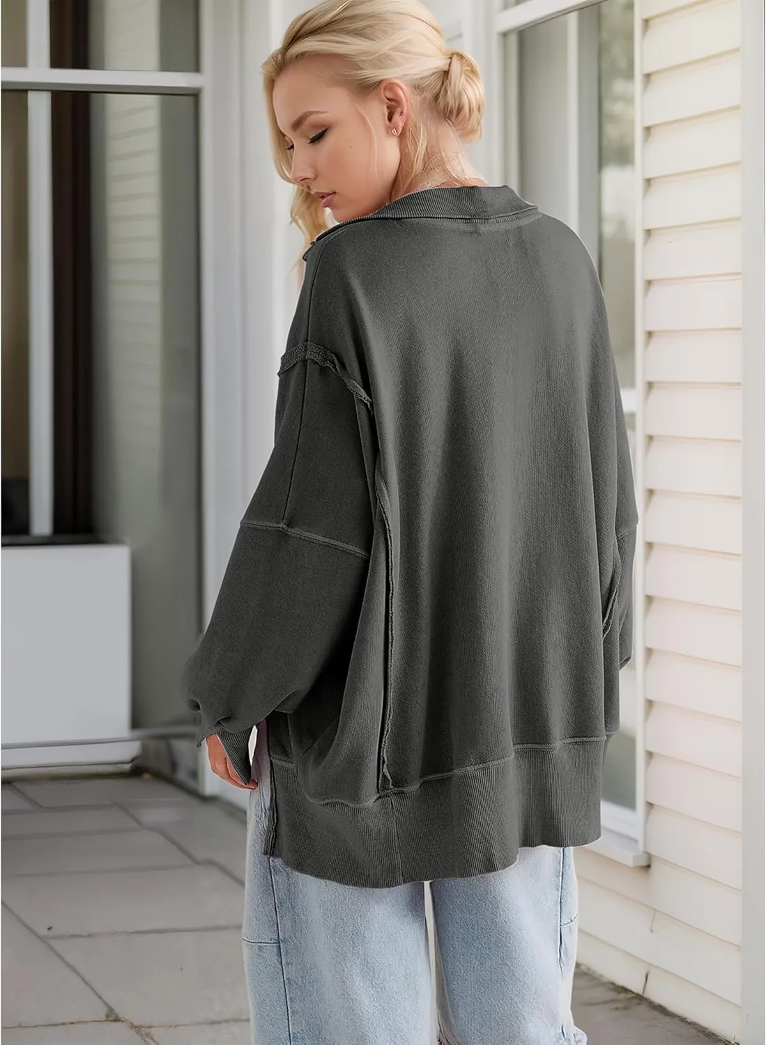 Women's Oversized V Neck Henley Pullover Sweatshirt Trendy Button Up High Low Split Casual Fall Top 2025