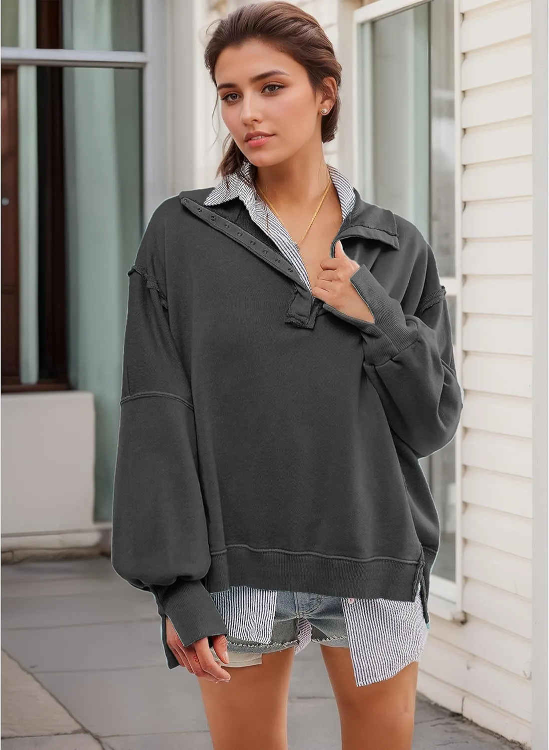 Women's Oversized V Neck Henley Pullover Sweatshirt Trendy Button Up High Low Split Casual Fall Top 2025