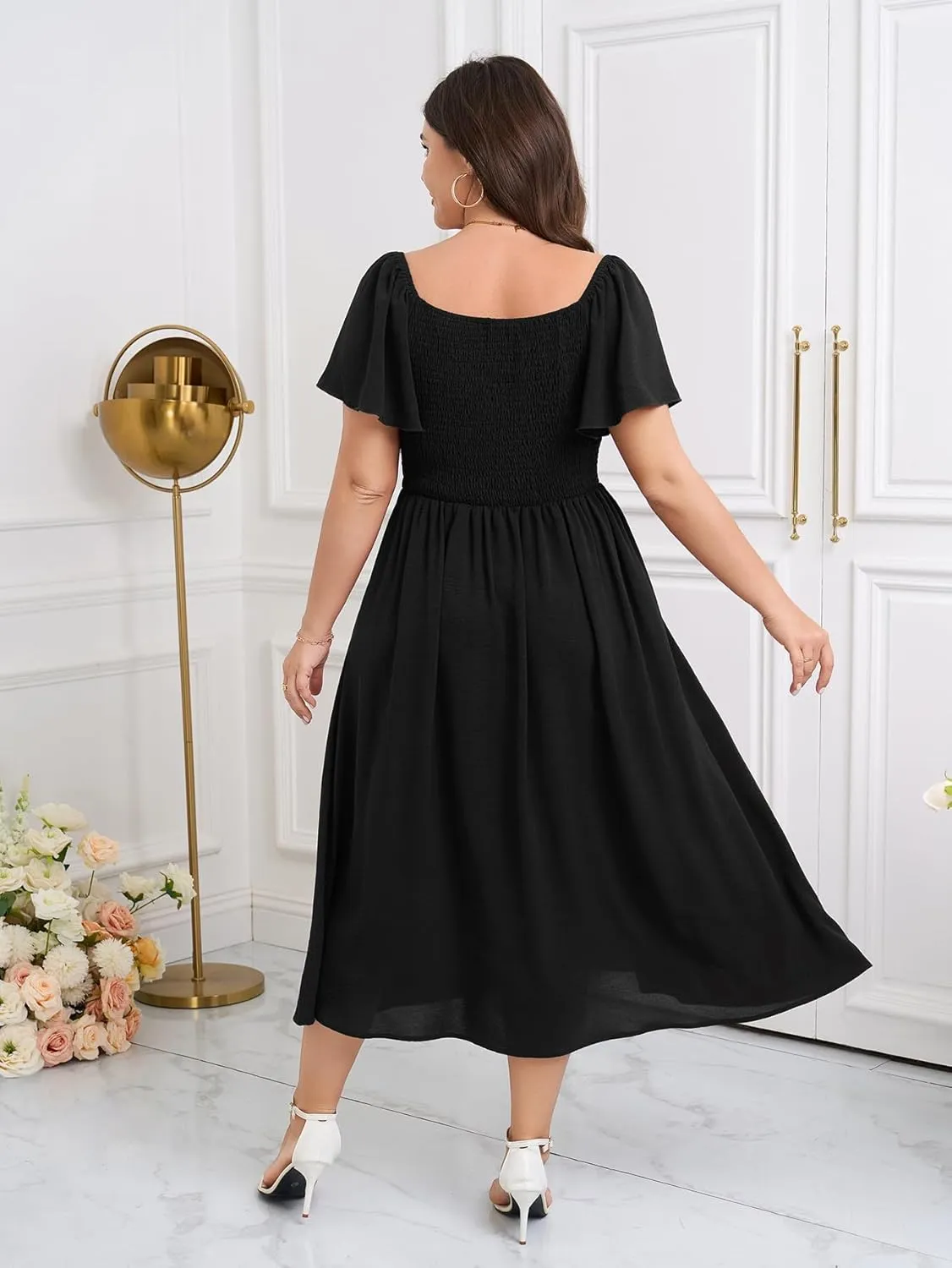 Womens Plus Size Dress Square Neck Smocked Button Down Tie Front Split A-Line Maxi Long Dresses