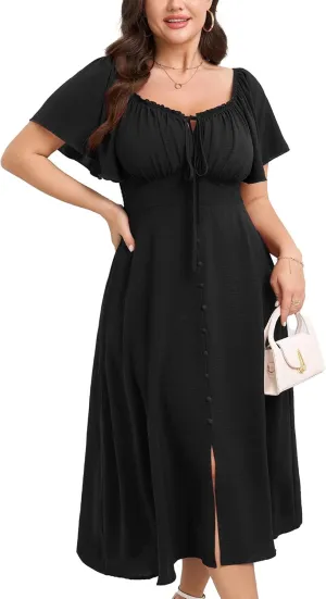 Womens Plus Size Dress Square Neck Smocked Button Down Tie Front Split A-Line Maxi Long Dresses