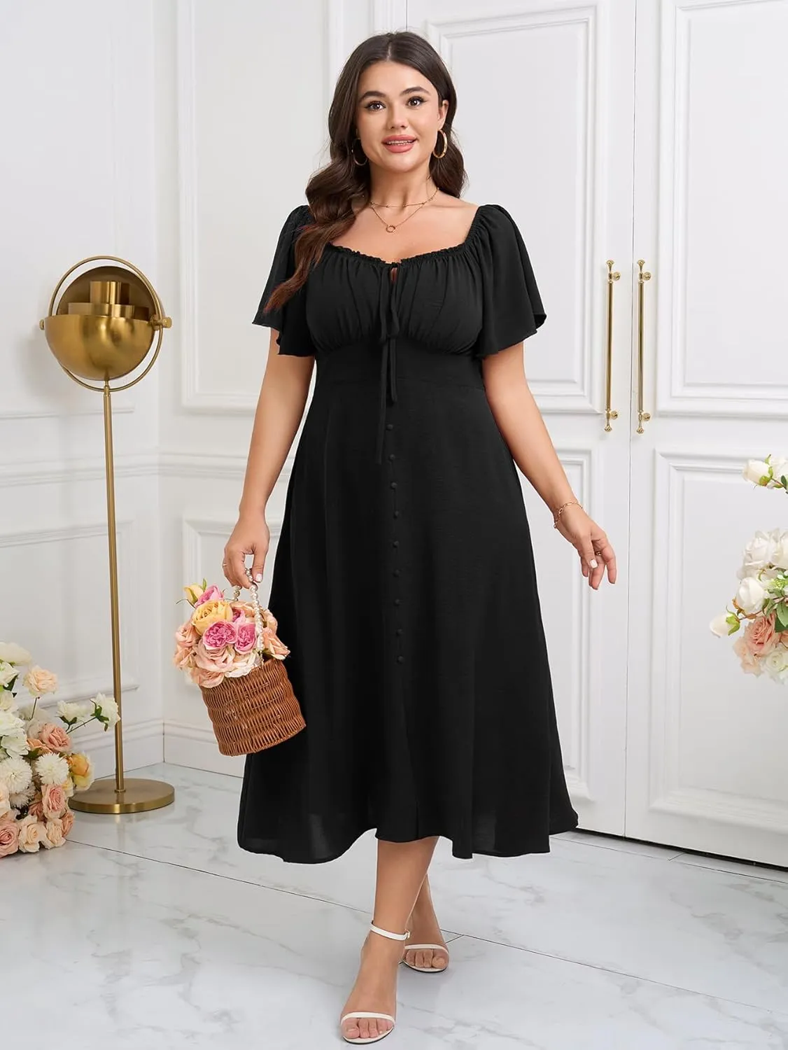 Womens Plus Size Dress Square Neck Smocked Button Down Tie Front Split A-Line Maxi Long Dresses
