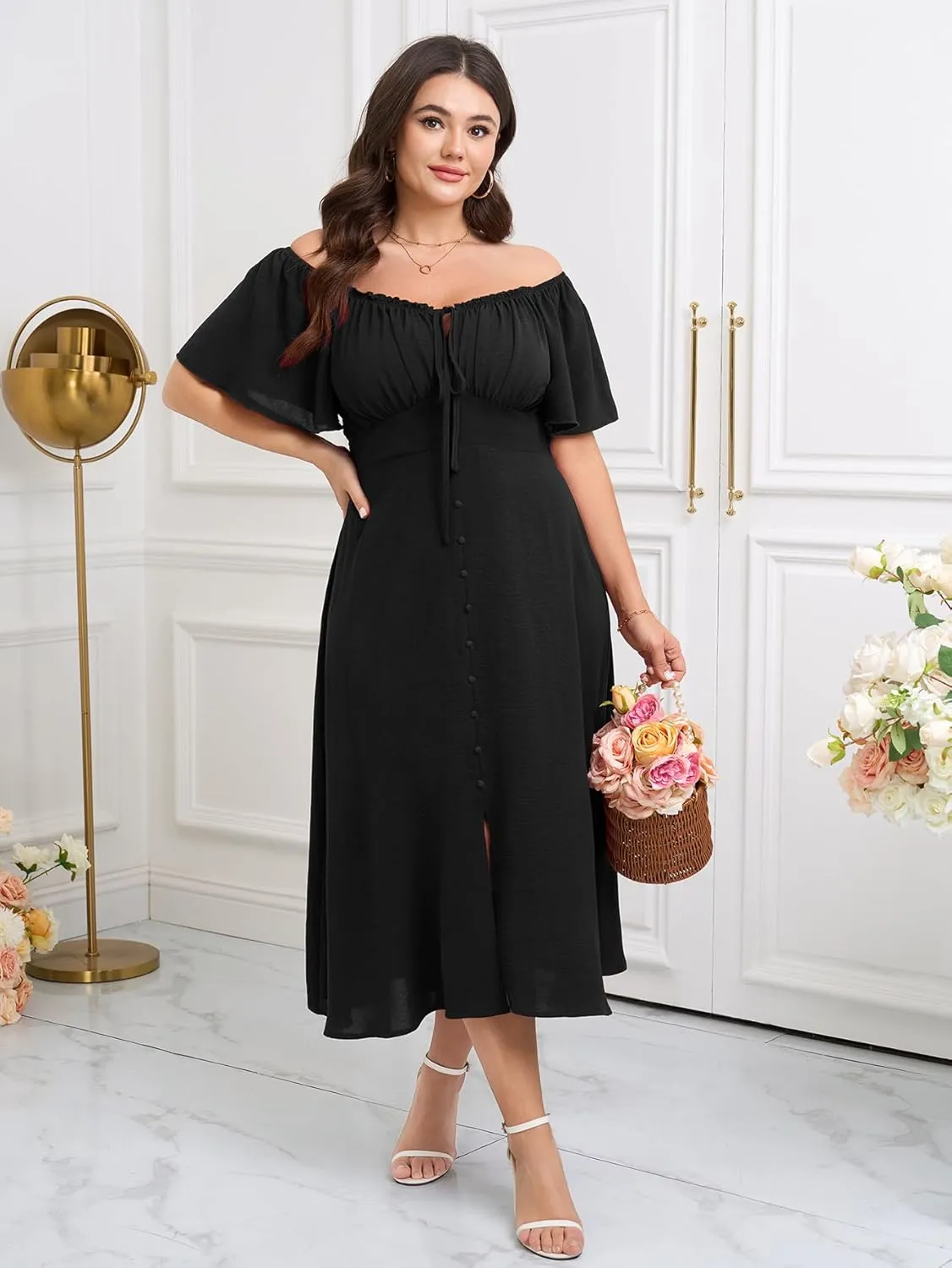Womens Plus Size Dress Square Neck Smocked Button Down Tie Front Split A-Line Maxi Long Dresses