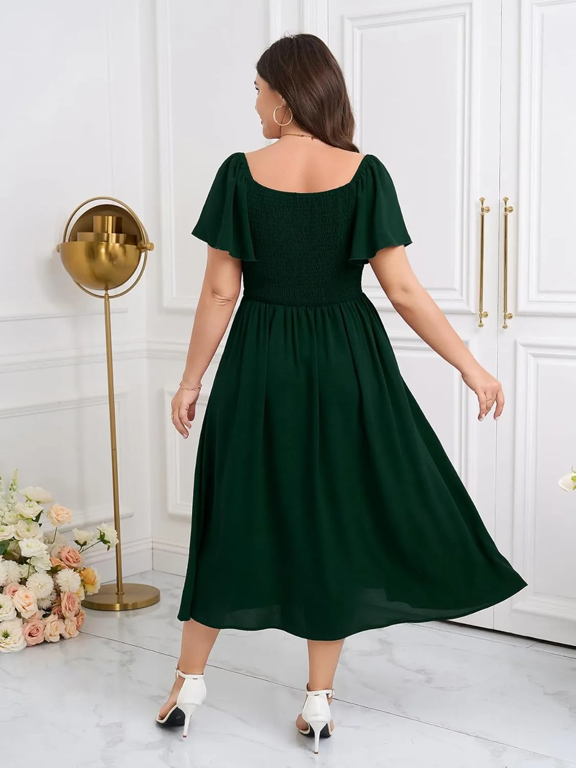 Womens Plus Size Dress Square Neck Smocked Button Down Tie Front Split A-Line Maxi Long Dresses