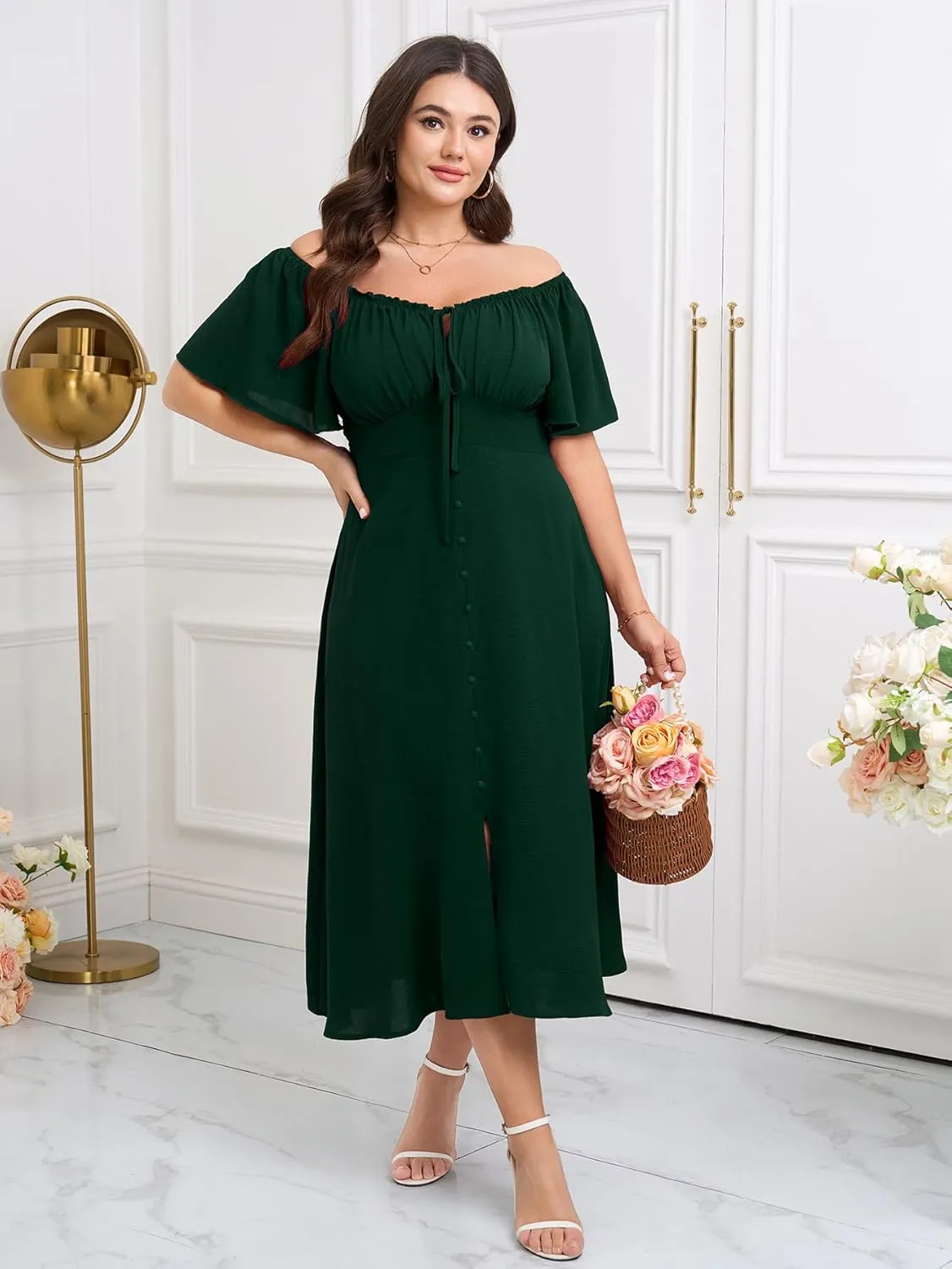 Womens Plus Size Dress Square Neck Smocked Button Down Tie Front Split A-Line Maxi Long Dresses