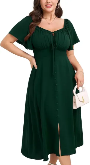 Womens Plus Size Dress Square Neck Smocked Button Down Tie Front Split A-Line Maxi Long Dresses