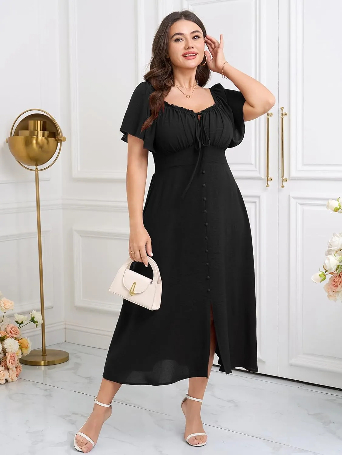 Womens Plus Size Dress Square Neck Smocked Button Down Tie Front Split A-Line Maxi Long Dresses