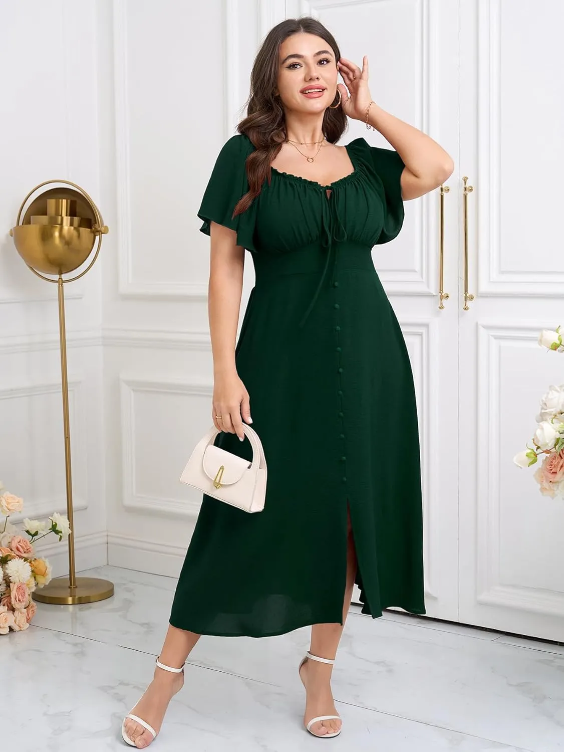 Womens Plus Size Dress Square Neck Smocked Button Down Tie Front Split A-Line Maxi Long Dresses