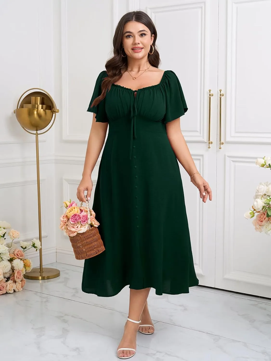 Womens Plus Size Dress Square Neck Smocked Button Down Tie Front Split A-Line Maxi Long Dresses