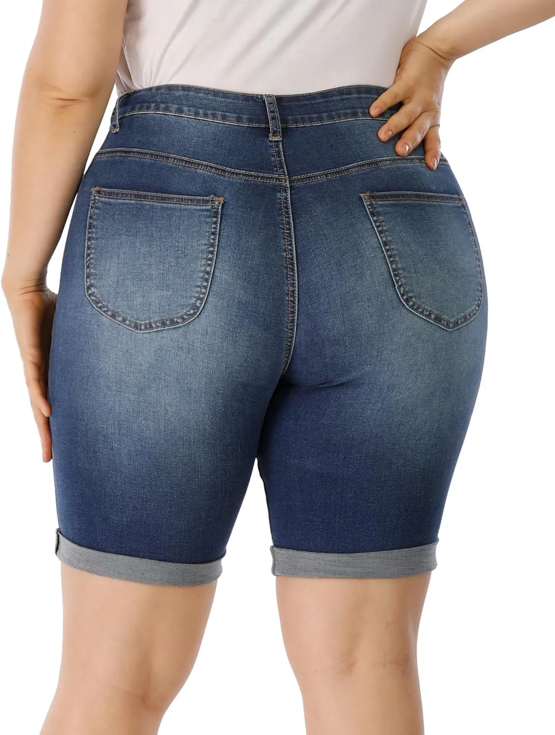 Womens Plus Size Jean Shorts High Waisted Stretchy Midi Bermuda Denim Shorts