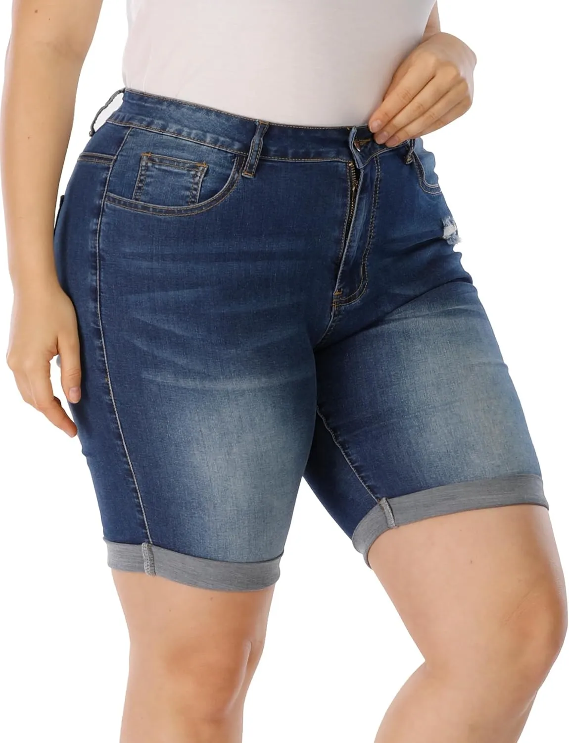 Womens Plus Size Jean Shorts High Waisted Stretchy Midi Bermuda Denim Shorts