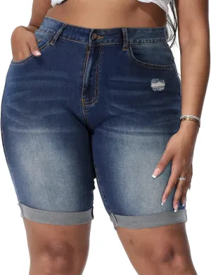 Womens Plus Size Jean Shorts High Waisted Stretchy Midi Bermuda Denim Shorts