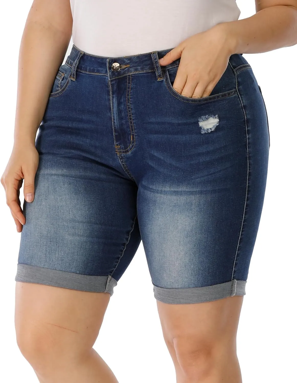 Womens Plus Size Jean Shorts High Waisted Stretchy Midi Bermuda Denim Shorts