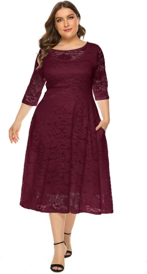 Women's Plus Size Lace Cocktail Dresses 3/4 Sleeve Vintage Floral Lace Party Midi Dress Wedding Guest Bridesmaid Prom Gown