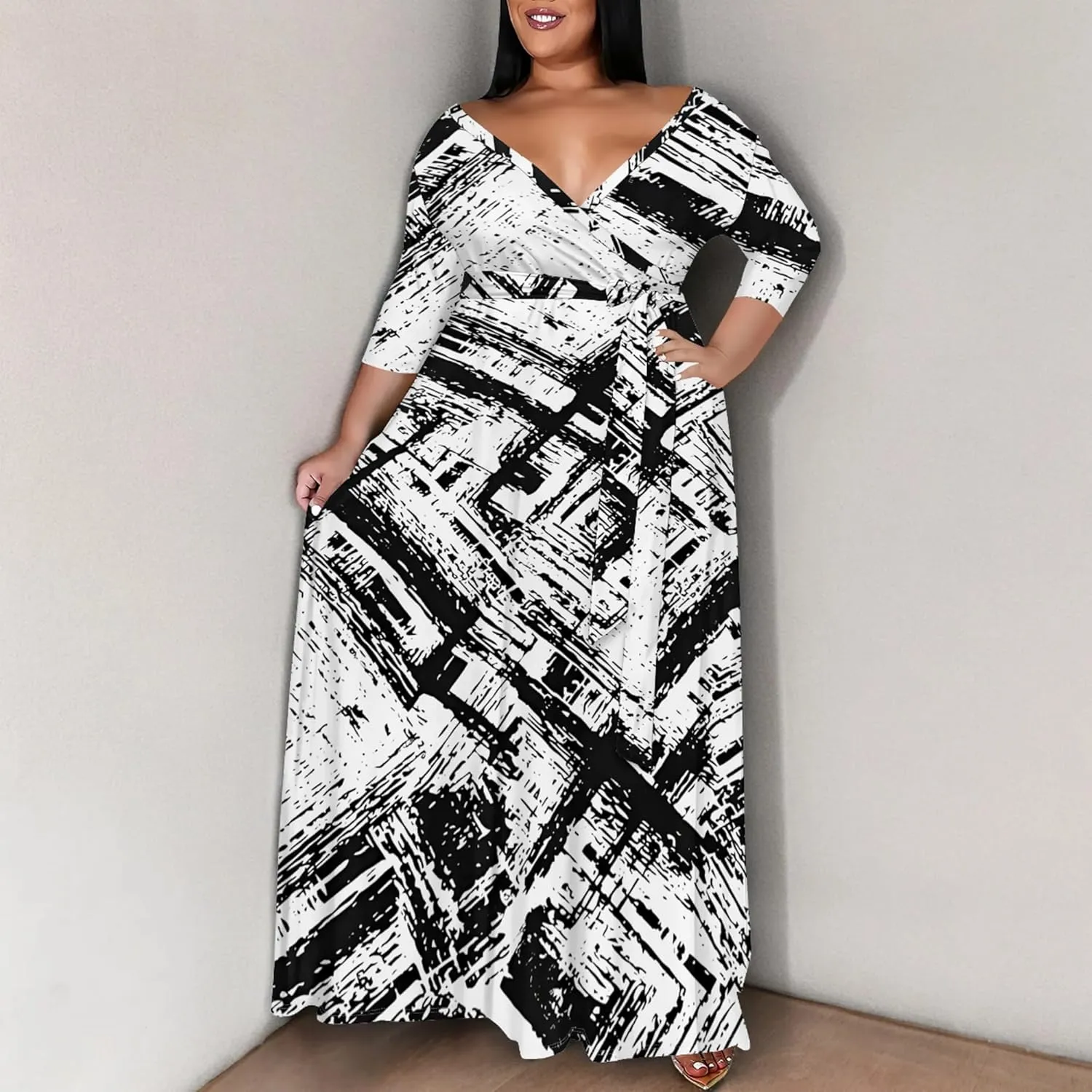 Women's Plus Size Maxi Dress Print 3/4 Sleeves V Neck Party Sundress Wedding Guest Dresses