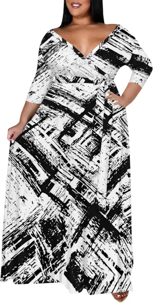 Women's Plus Size Maxi Dress Print 3/4 Sleeves V Neck Party Sundress Wedding Guest Dresses
